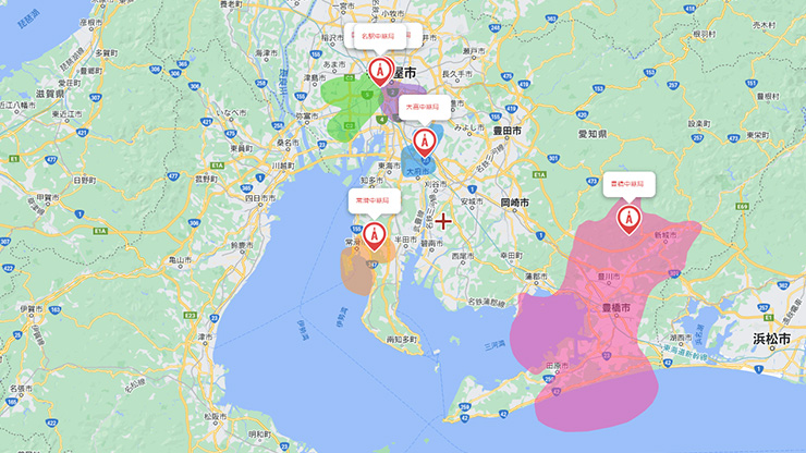 愛知県の主要な電波中継局受信エリアの目安