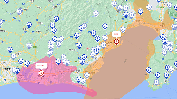 静岡県の電波中継局マップ
