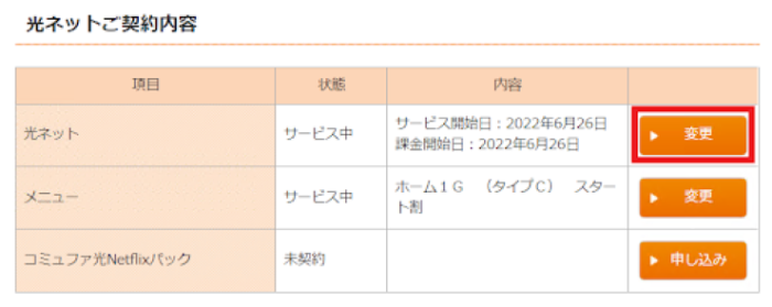 「光ネット」の「変更」をクリック