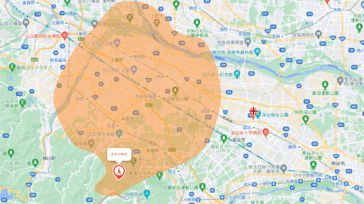 本庄中継局からの電波受信エリア