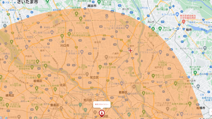 東京スカイツリーからの電波受信エリア（NHK・広域民放）