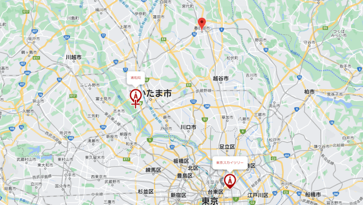 越谷市から見た東京スカイツリーと浦和局の位置関係