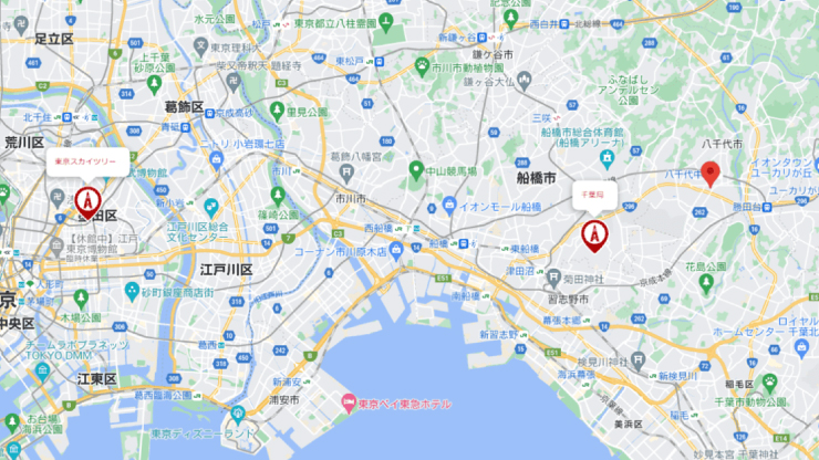 市川市と千葉局東京スカイツリーの位置関係