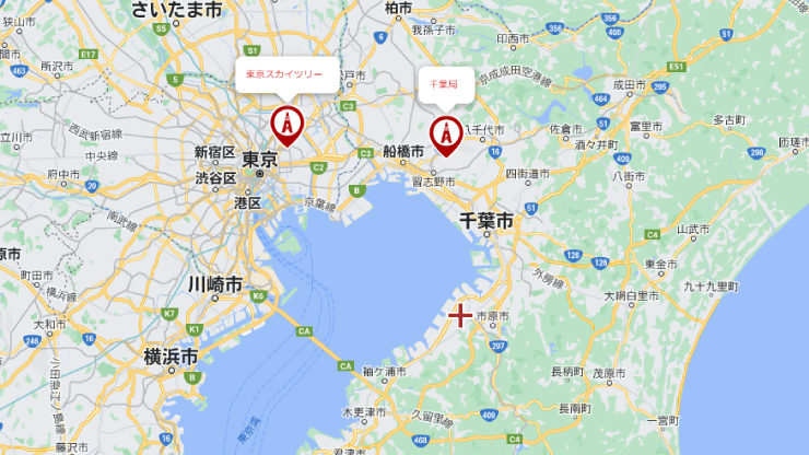 市原市と千葉局、東京スカイツリーの位置関係