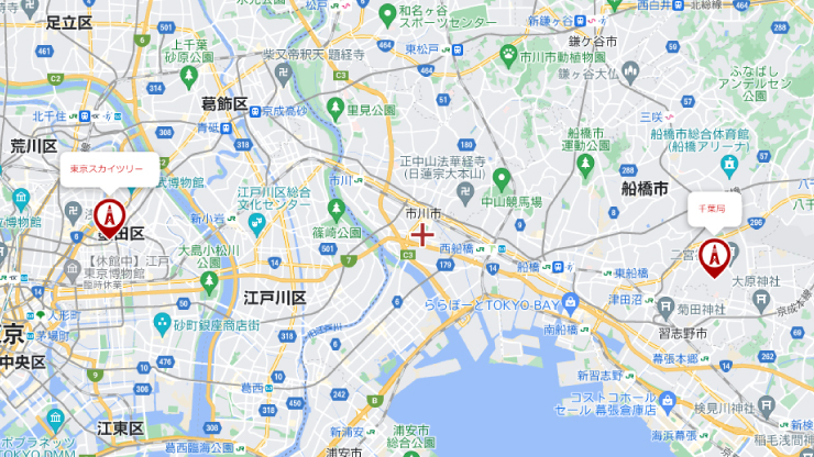 市川市と千葉局東京スカイツリーの位置関係