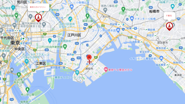 浦安市と千葉局、東京スカイツリーの位置関係