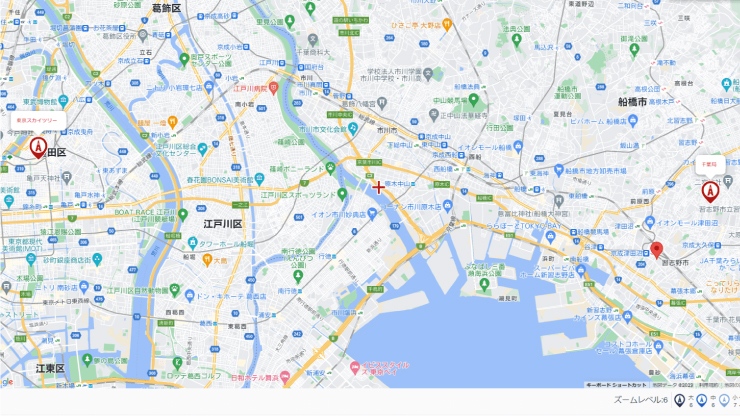 習志野市と千葉局、東京スカイツリーの位置関係