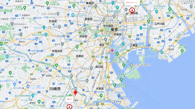 川崎市と横浜局、東京スカイツリーの位置関係