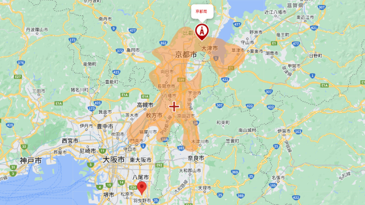 京都局からの電波受信エリアの目安（NHK京都）