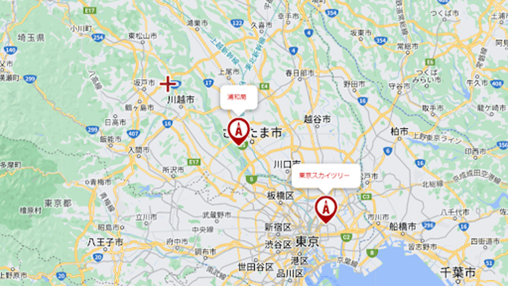 ふじみ野市から見た東京スカイツリーと浦和局の位置関係