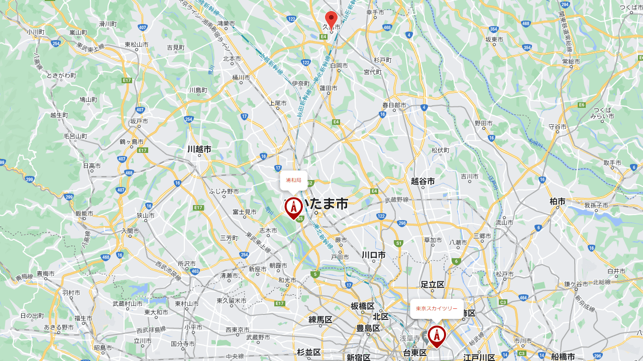 久喜市から見た東京スカイツリーと浦和局の位置関係