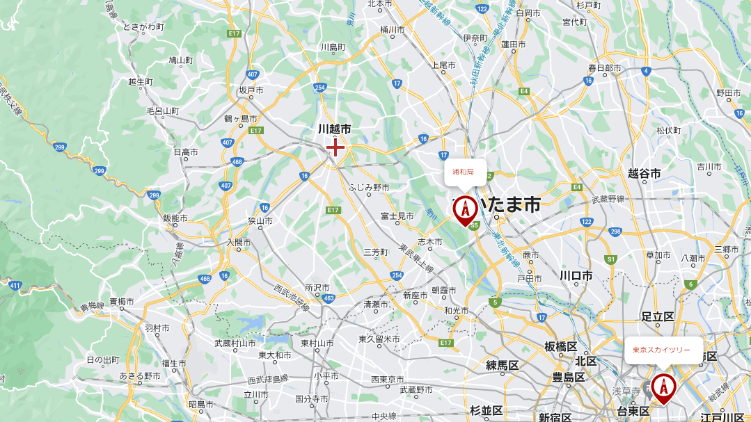 川越市から見た東京スカイツリーと浦和局の位置関係