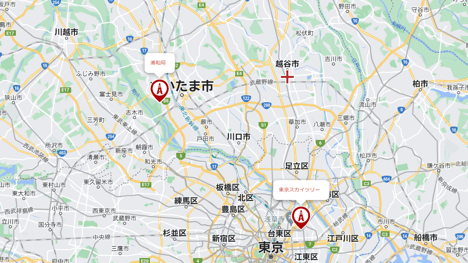 越谷市から見た東京スカイツリーと浦和局の位置関係