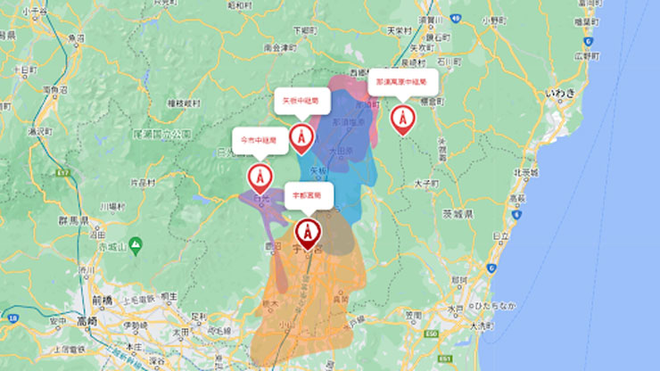 栃木県の主要な電波中継局からの電波受信エリアの目安