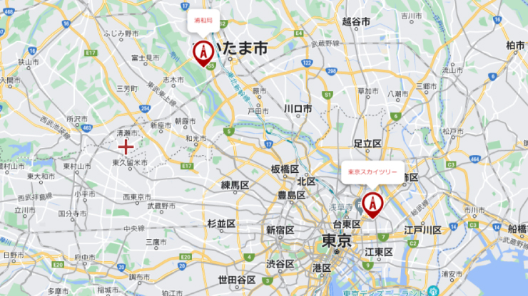 清瀬市と浦和局東京スカイツリーの位置関係