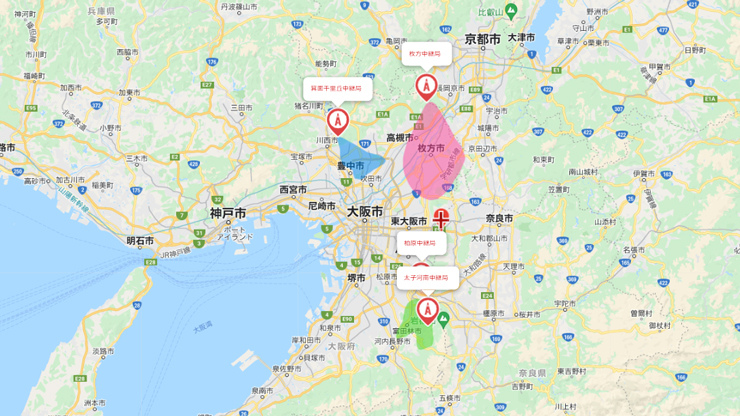 大阪府の主要な電波中継局受信エリアマップ（出力1W以上の電波塔）