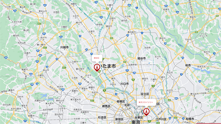 東京スカイツリーと浦和局の位置関係