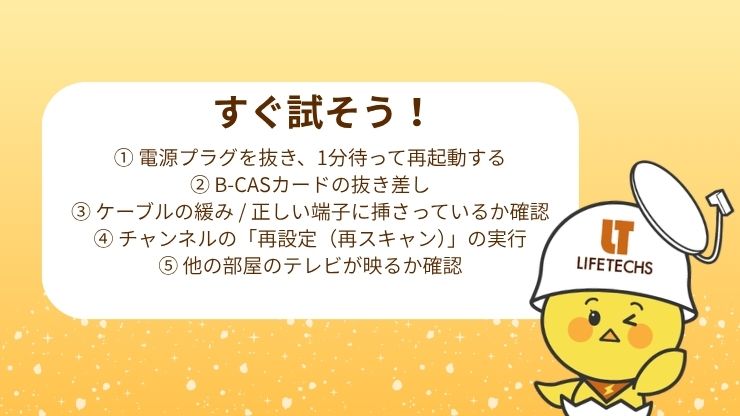 ① 電源プラグを抜き、1分待って再起動する ② B-CASカード / ACASチップを抜き差しする ③ アンテナケーブルが緩んでいないか / 正しい端子に挿さっているか確認する ④ チャンネルの「再設定(再スキャン)」を実行する ⑤ 他の部屋のテレビが映るか確認する